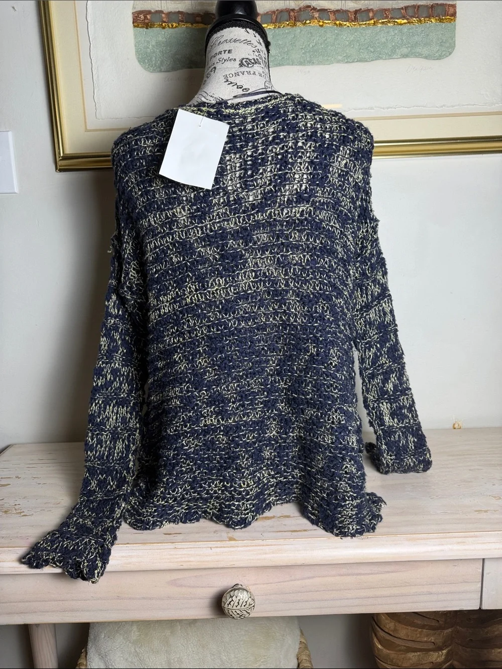 Free People Marled Navy and Cream V-Neck Sweater